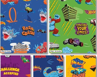 May include: A set of five fabric designs featuring Hot Wheels cars and creatures. The designs include a shark, a gorilla, a scorpion, a dinosaur, and a beast mode car. The designs are all colorful and feature a variety of different patterns.