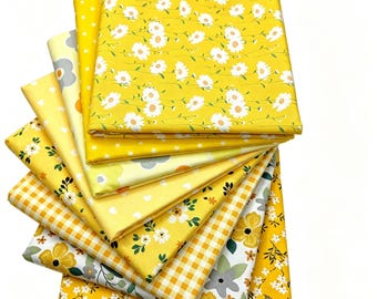 CraftsFabrics 8pcs/lot Yellow Floral Fat Quarters Bundle 100% Cotton Printed Precut Craft Fabric Squares for Quilting, Crafts - 2 sizes