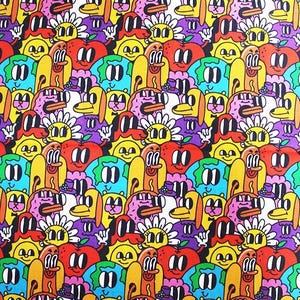 May include: A colourful repeating pattern with cartoon characters. The design includes smiling hot dogs, apples, flowers, and earth-like globes, all with expressive faces and bright colours like yellow, red, purple, and blue.