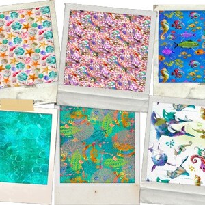 May include: Six different digital paper designs featuring various sea life, including starfish, seashells, seahorses, fish, and bubbles. The designs are in a variety of colors, including blue, green, orange, pink, and white.