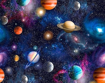May include: A colourful digital illustration of a galaxy with planets, stars, and nebulae. The image shows planets with rings, swirling blue and orange gas giants, and various celestial bodies against a dark blue and purple background.