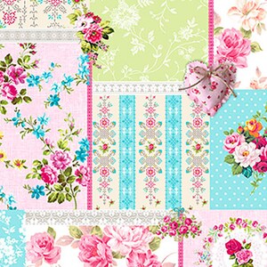 May include: A patchwork design with floral patterns in pink, blue, and green. The design includes roses, floral bouquets, and a heart-shaped ornament. The background features polka dots, stripes, and floral prints.