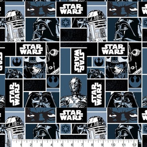 May include: A blue and black fabric with a repeating pattern of Star Wars characters and the Star Wars logo. The characters include Darth Vader, R2-D2, C-3PO, and a Stormtrooper.