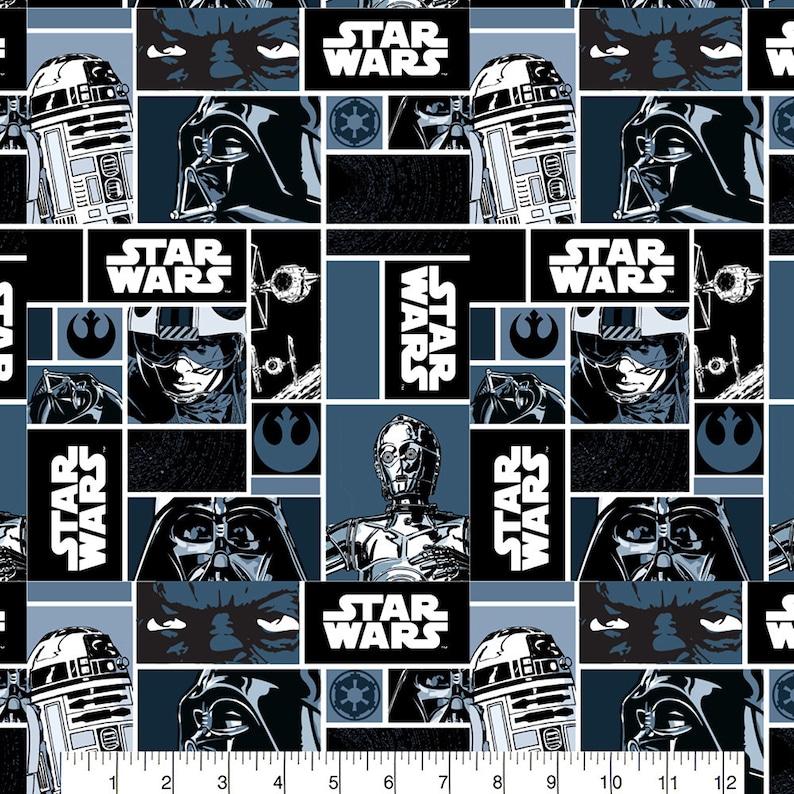 May include: A blue and black fabric with a repeating pattern of Star Wars characters and the Star Wars logo. The characters include Darth Vader, R2-D2, C-3PO, and a Stormtrooper.
