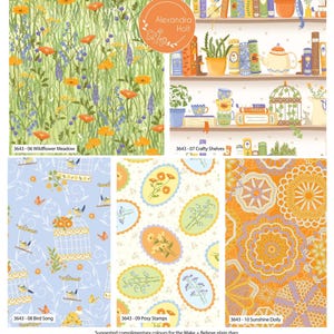 Könnte beinhalten: Stoffdesigns mit Cottage-Thema, darunter Blumen- und Musterdrucke. Designs umfassen eine Wildblumenwiese, Bücherregale, Vogelkäfige, Blumenstempel und ein Mandala-Muster. Die Designs stammen von Alexandra Holt.