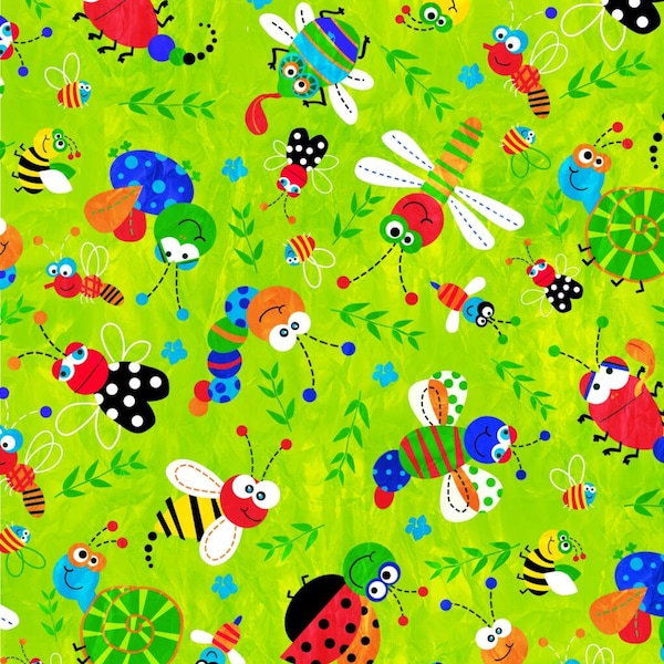 The Craft Cotton Co - Lime Bugs 100% Cotton Print Children's Craft Fabric 110 cm Wide (Ideal for Crafts, Sewing, Quilting, Nursery Fabric)