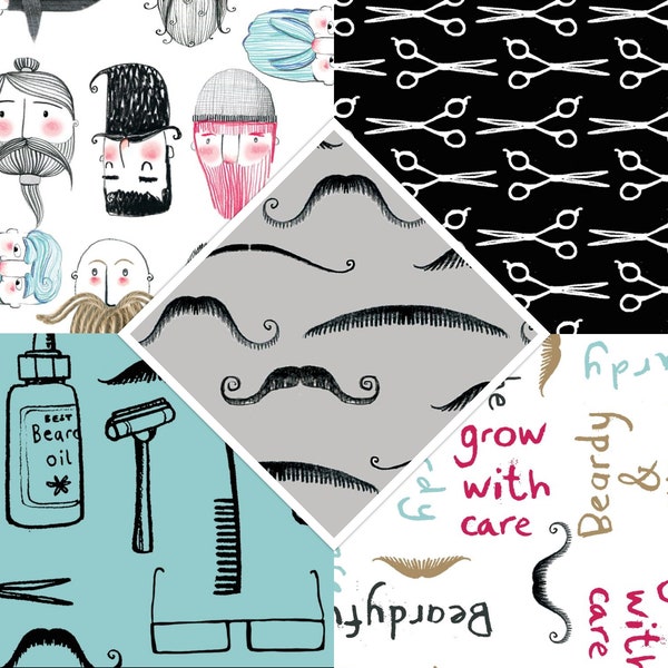 The Craft Cotton Co to Beard or Not to Beard Cotton Fabric Beard Faces Moustache Fabric Quirky Fabric Barber Shop Theme Fabric 112cm wide