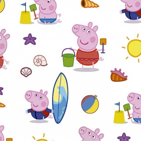 Little Johnny Peppa Pig Beach Day, impression numérique 100 % coton, idéal pour la couture, la couture, le patchwork, le patchwork, les banderoles et les housses de coussin