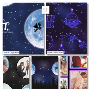 May include: Fabric panel with designs from the film E.T. The Extra-Terrestrial. The panel shows the E.T. logo, a silhouette of E.T. on a bike, and scenes with the moon and stars. The text "Phone Home" is also included.