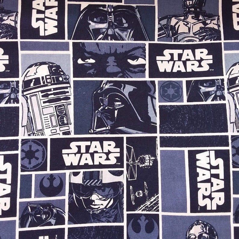 May include: A blue and white fabric with a repeating pattern of Star Wars characters and logos. The characters include Darth Vader, R2-D2, and a TIE fighter. The logos include the Star Wars logo and the Rebel Alliance logo.