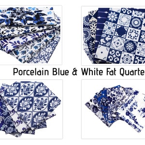 CraftsFabrics Porcelain Blue & White Floral Fat Quarters Bundle Approx 45cmx53cm 100% Cotton Pre-Cut Squares Fabric for Quilting, Patchwork
