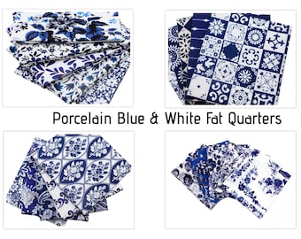 CraftsFabrics Paquete de cuartos gordos florales de porcelana azul y blanco, aproximadamente 45 cm x 53 cm, 100% algodón, tela de cuadrados precortados para acolchar y patchwork