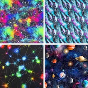 May include: Four different space-themed fabric designs. The first design is a dark blue background with a colourful nebula pattern. The second design is a dark blue background with a repeating pattern of blue and purple swirls. The third design is a black background with a constellation pattern of white lines and glowing stars. The fourth design is a dark blue background with a galaxy pattern of stars, planets, and nebulae.