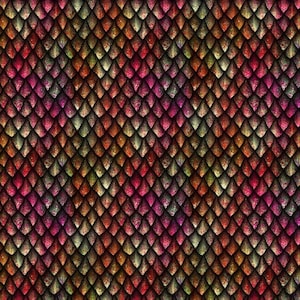 May include: A close-up view of a scale pattern in a variety of colours, including red, orange, green, and purple. The diamond-shaped scales overlap, creating a textured surface. The colour variations give the pattern a shimmering, fantasy-like appearance.