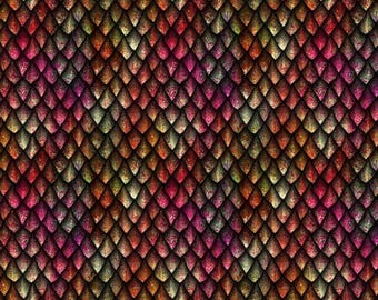 May include: A repeating pattern of overlapping scales in shades of deep red, burnt orange, and metallic gold. Each individual scale features a textured surface with dark edges and a gradient of warm colors, creating a dense, uniform dragon-like skin.