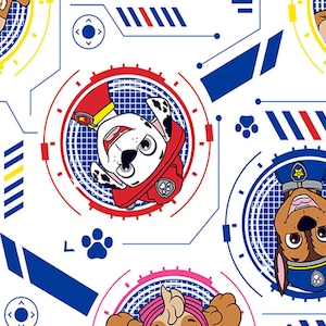 May include: A white background with a repeating pattern of cartoon dogs from the Paw Patrol. The dogs are wearing their signature uniforms and are surrounded by blue, red, and yellow geometric shapes.
