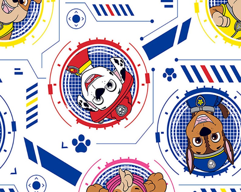 May include: A white background with a repeating pattern of cartoon dogs from the Paw Patrol. The dogs are wearing their signature uniforms and are surrounded by blue, red, and yellow geometric shapes.