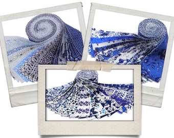 May include: Three rolls of blue fabric with various patterns, including floral, geometric, and abstract designs. The fabric is displayed in a rolled-up format, showcasing the different patterns and shades of blue. The fabric is suitable for quilting and crafting projects.