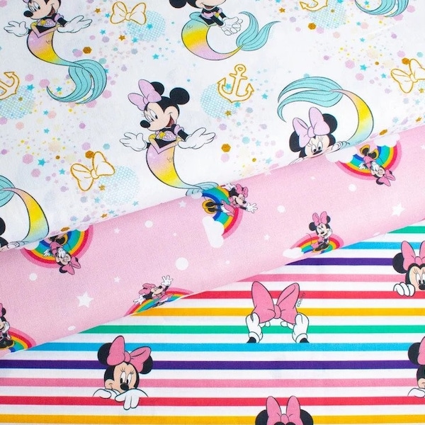 Little Johnny - Tissu en coton Minnie Mouse arc-en-ciel Disney Quilting artisanal Tissu d'ameublement au mètre Tissu en coton artisanal pour enfants