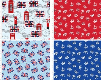 ハッピー＆グロリアスクラフトコットン生地 幅110cm 戴冠式、ストリートパーティー、旗布、ロンドンバスタクシースタンプ、記念品用王冠