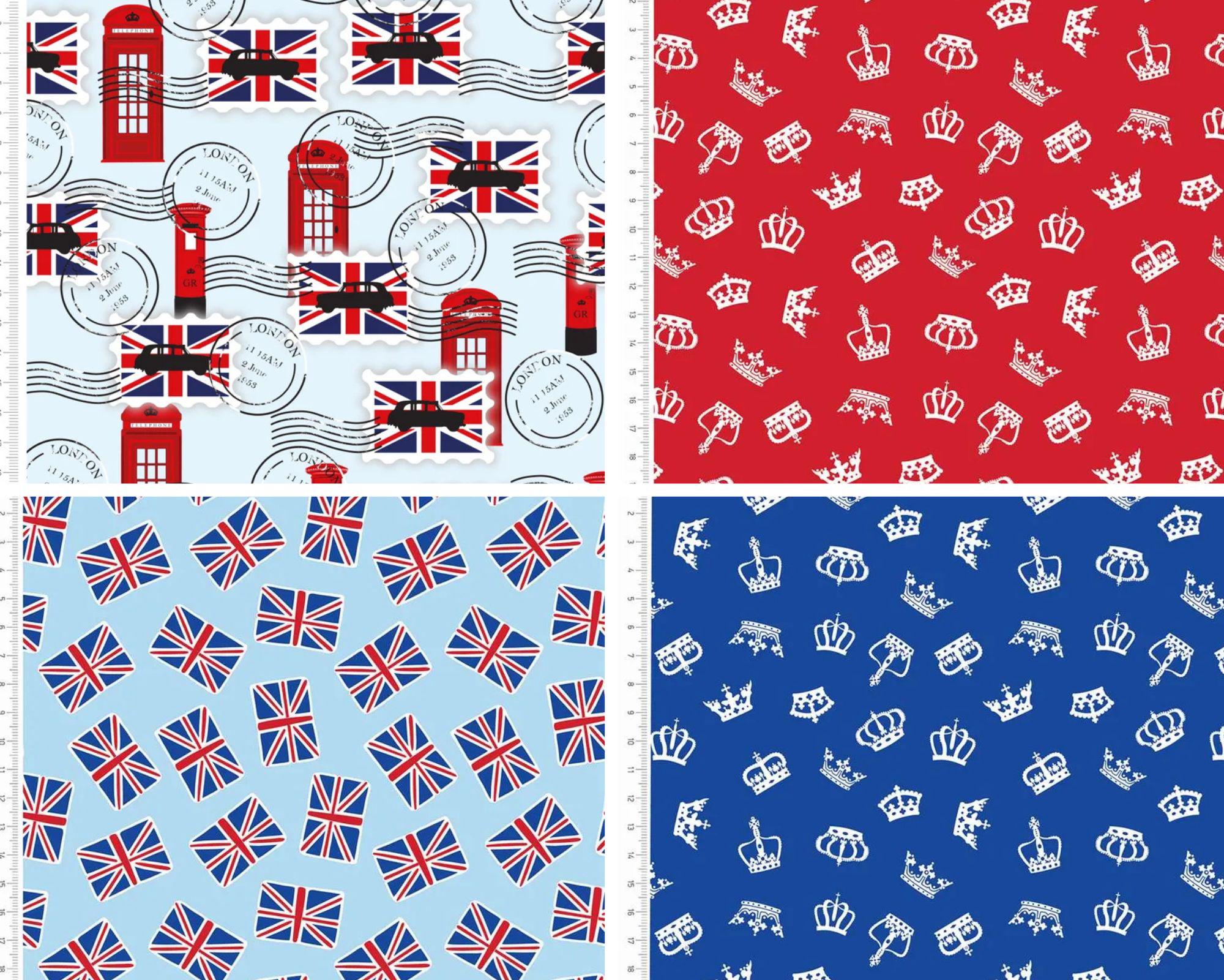 Happy and Glorious Crafts Cotton Fabric 110cm wide Coronation, Street Party, Bunting, London Bus Taxi Stamps, Crown for Commemorative Items