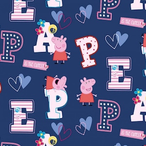 Little Johnny Peppa Pig Letters Digital Print 100%Cotton Fabric, Ideal for Sewing, Dressmaking, Quilting, Patchwork, Bunting, Cushion-Covers