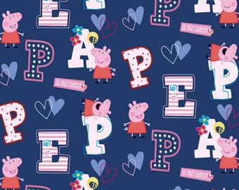 Little Johnny Peppa Pig Letters Digital Print 100%Cotton Fabric, Ideal for Sewing, Dressmaking, Quilting, Patchwork, Bunting, Cushion-Covers