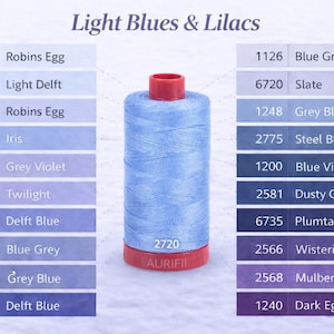 Aurifil Mako Cotton Thread Solid 12wt 100% Long Staple Mercerized Egyptian Cotton 356yds Threads - Light Blues and Lilacs