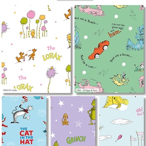 Dr Seuss Fabric by Metre/Half Metre/Fat Quarter Grinch Fabric Lorax Cat in the Hat 100% Organic Cotton Fabric Childrens Quilting Fabric 2962