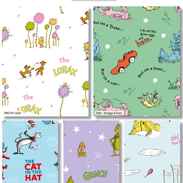 Dr Seuss Fabric by Metre/Half Metre/Fat Quarter Grinch Fabric Lorax Cat in the Hat 100% Organic Cotton Fabric Childrens Quilting Fabric 2962