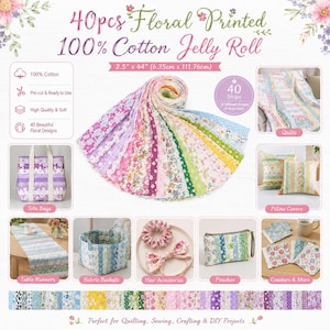 Könnte beinhalten: Ein 40-teiliger, floral bedruckter Jelly Roll aus 100% Baumwolle mit 6,35 cm x 111,76 cm großen Stoffstreifen. Das Set enthält 10 verschiedene Designs mit je 4 Streifen, dargestellt mit Beispielen für fertige Artikel wie Quilts und Taschen.