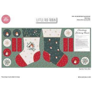 以下が含まれることがあります： 「Little Red Robin」のデザインのクリスマスストッキング用のファブリックパネル。 パネルには、2つのストッキングの輪郭、赤と緑のアクセント、およびコマドリのイラストが描かれています。 パネルサイズ：112cm x 50cm。