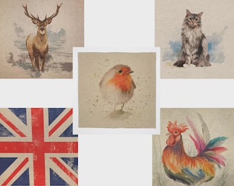 Luxury Cotton Rich Linen Look Craft Fabric Digital Printed Panama Cushion Panel 80/Cotton 20/Polyester % Stag, Rooster, Robin and Cat Panels