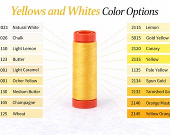 Aurifil 50wt Thread Small Spool 100% Egyptian Cotton (220 Yards/200 Meters) - White & Yellows
