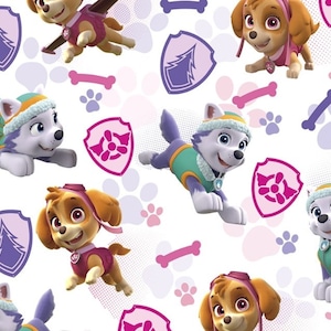 May include: A white background with a repeating pattern of cartoon dogs from the Paw Patrol TV show. The dogs are wearing different outfits and are in various poses. The background also includes paw prints, bones, and shields with a pine tree design.