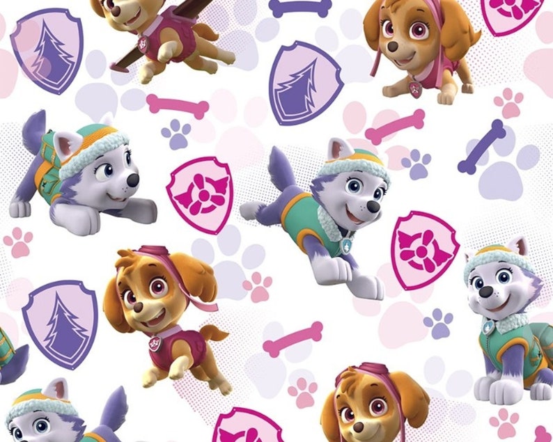 May include: A white background with a repeating pattern of cartoon dogs from the Paw Patrol TV show. The dogs are wearing different outfits and are in various poses. The background also includes paw prints, bones, and shields with a pine tree design.