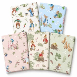 May include: Five rectangular sheets of wrapping paper featuring Peter Rabbit illustrations. The designs include rabbits in blue jackets, ducks in bonnets, and mice, set against backgrounds of cream, light blue, soft pink, and pale green with foliage.
