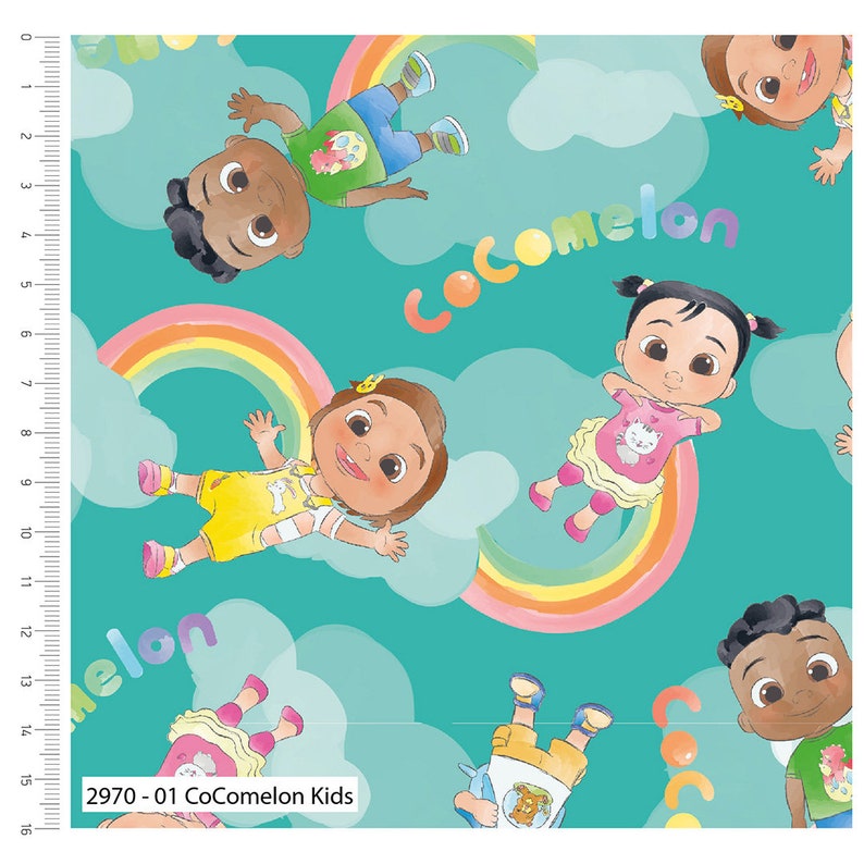 K&ouml;nnte beinhalten: Ein t&uuml;rkisfarbener Stoff mit einem sich wiederholenden Muster aus Comic-Babys, Regenb&ouml;gen und Wolken. Der Text "CoComelon" und "Melon" wird auf dem gesamten Stoff wiederholt.