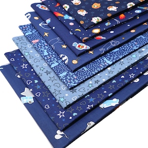 CraftsFabrics 8 Stück Dunkelblaue Cartoon Rakete Platz Kinder Fat Quarters Baumwoll-Twill Vorgeschnittener Stoff Patchwork Quilten Kinderzimmer