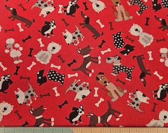 May include: Red fabric with a repeating pattern of various dog breeds and white bone shapes. The dogs are in different poses and colors, including black, white, brown, and gray. The fabric has a textured appearance.