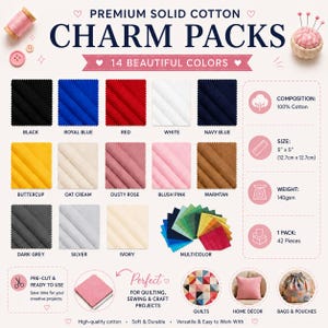 Puede incluir: Una exhibición de 14 paquetes de tela en varios colores, incluyendo negro, rojo y azul. La imagen incluye el texto "Premium Solid Cotton Charm Packs" y "14 Beautiful Colors". Cada cuadrado mide 12,7 cm x 12,7 cm.