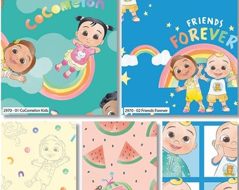 CoComelon Fat Quarters Friends Forever 5 pièces 100 % coton Fat Quarters pour enfants tissu de courtepointe Cartoon Cocomelon JJ (2970-00)