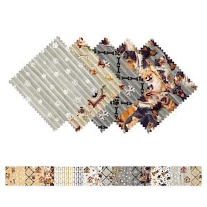 May include: A collection of fabric swatches featuring various dog-themed patterns. Designs include paw prints, bones, and images of dogs. The color palette consists of gray, beige, and brown tones, creating a playful and pet-friendly aesthetic.
