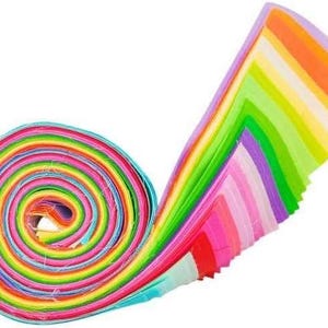 May include: A roll of colorful tissue paper in a rainbow of colors, including pink, purple, blue, green, yellow, orange, and red. The tissue paper is rolled up tightly and is ready to be used for crafts, gift wrapping, or decorations.