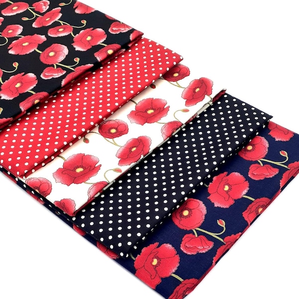 Dodenherdenking Rode Klaprozen Stof 5 stks Vrede Klaprozen Katoen Poplin Fat Quarter bundel-20*22 Inch patchwork quilten naaien DIY stof