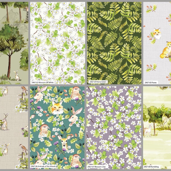 A Country Walk Animaux Arbres par Debbie Shore Tissu 44 po. de large 100 % coton biologique, matériau artisanal pour courtepointe, couture (2967)