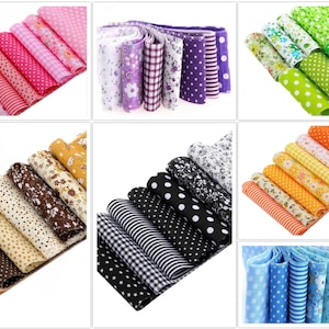 Peut inclure: Assortiment de chutes de tissu dans différents motifs et couleurs, y compris des motifs floraux, à pois, à carreaux et à rayures. Les chutes de tissu sont disposées en rangées et sont prêtes pour des projets de bricolage.