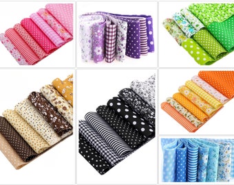 May include: Assortment of fabric scraps in various patterns and colors, including floral, polka dot, plaid, and striped designs. The fabric scraps are arranged in rows and are ready for crafting projects.