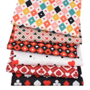 CraftsFabrics 6Pcs Poker Hearts Clubs Diamonds Spades Tecido 100% Algodão 50x40cm de Largura Fat Quarter para Quilting, Patchwork, Projetos DIY