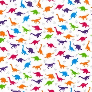 May include: White fabric with a repeating pattern of colorful dinosaurs in various poses. The dinosaurs are in shades of red, orange, green, blue, and purple. Small gray paw prints are scattered throughout the design.